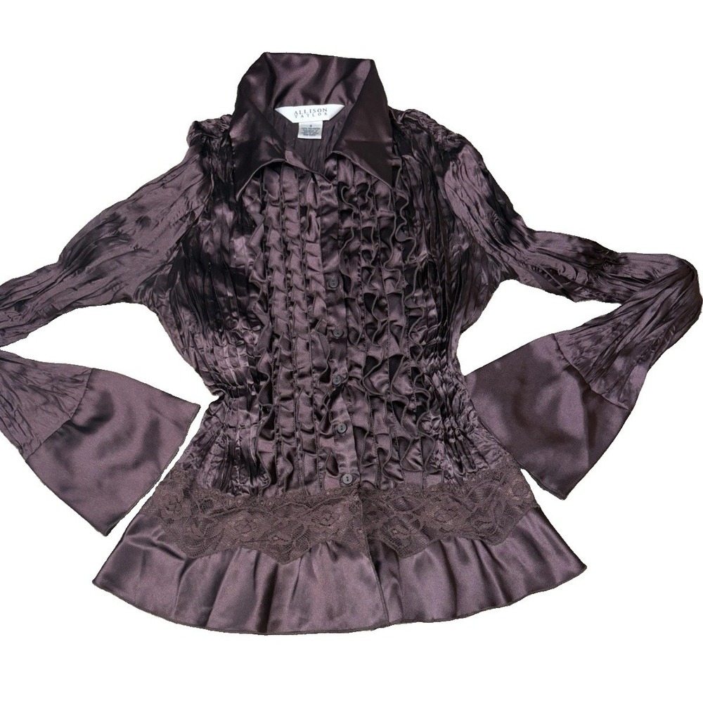 VTG Tuxedo Blouse Brown Accordion Pleats Victorian Country Lace Boho Y2K 90 SZ S